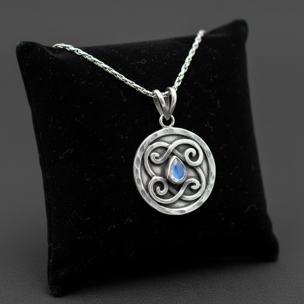 Silver Celtic Spiral Pendant Necklace with Blue Moonstone