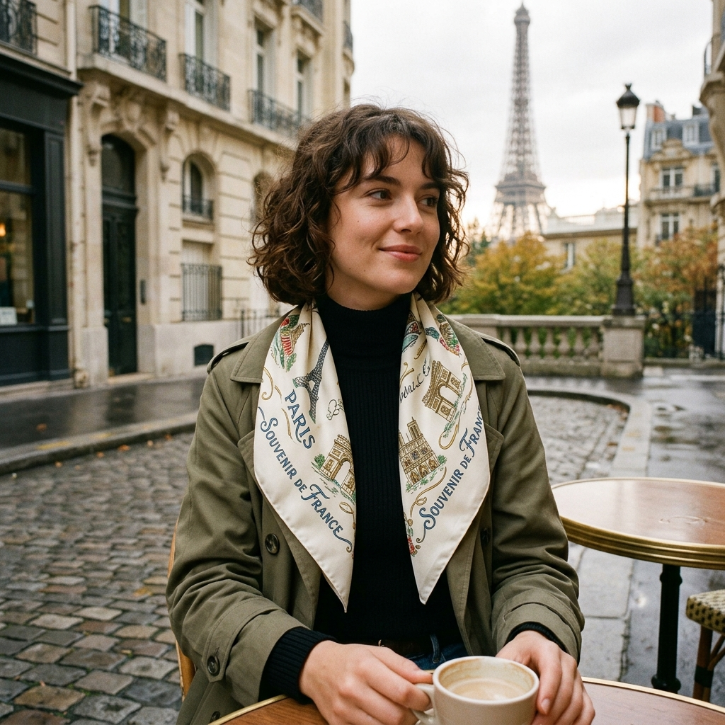 Olive Green Double-Breasted Trench Coat with Paris Silk Scarf