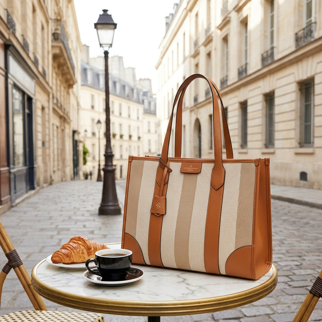 Brown Leather and Canvas Striped Tote Bag